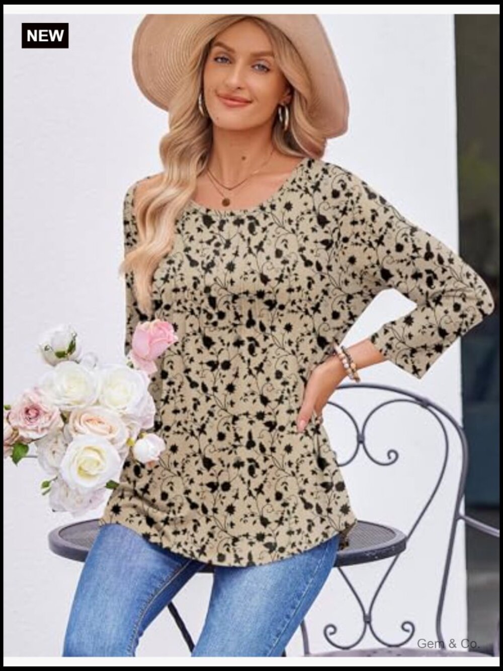 3/4 Sleeve Pleated Tunic Tops Casual Summer Tees Blouses Crew Neck Loose Fit - Picture 5 of 7